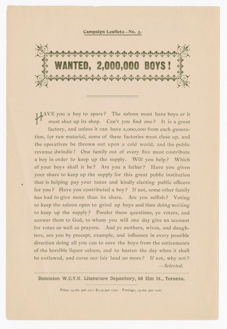 Campaign leaflets : no. 3 : wanted, 2,000,000 boys!