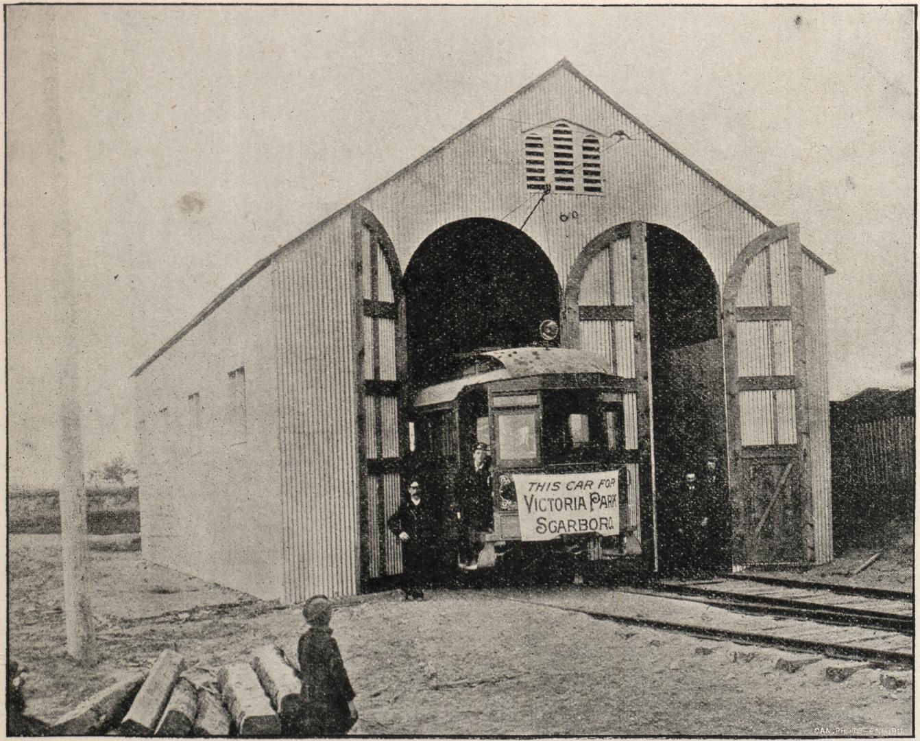 Car barn, Toronto and Scarboro' Electric Railway, Kingston Road, north side, between Walter Street and Malvern Avenue (then called Charles Street), Toronto, Ont.
