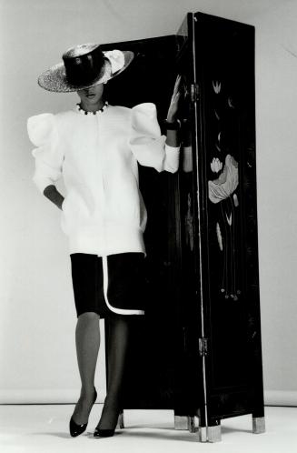 Blouson line: Structured blouson jacket and fitted linen skirt, $800, by Toronto designer Winston Kong