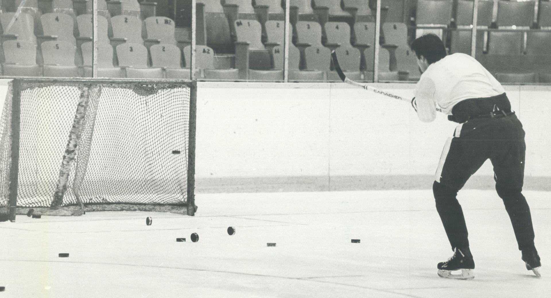 Jim korn is being pressed into service as left winger and he got in some extra shooting practice yesterday.