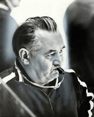 Not smiling now: Soviet national team coach Boris Kulagin appears to be in grimmest of moods as he supervises workout for tonight's second game of 8-game series