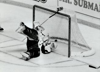 Laforest felled: Mark Laforest turned in a strong effort between the pipes for the Leafs last night, but he couldn't stop this shot by the Blues' Peter Zezei during a first-period power play