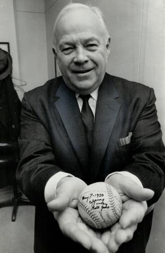 Ex-Mayor Allan Lamport, Now a controlle, refuses to return the highly prized autographed baseball he flung out at Toronto's first Sunday game in 1950