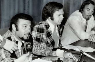 North York Mayor Mel Lastman (right), lawyer Barry Swadron (centre) and Alderman Jack Bedder hold a press conference on the case of Alderman John Knox, who has admitted he took a trip to the Bahamas on the $470 he received from the borough to study road m
