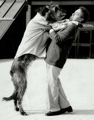 Let's dance: North York Mayor Mel Lastman teams up with his dog Narrish, a 3-year-old Irish wolfhound, to promote the upcoming North York Mutt Show, to be held at the Bayview Arena Sept
