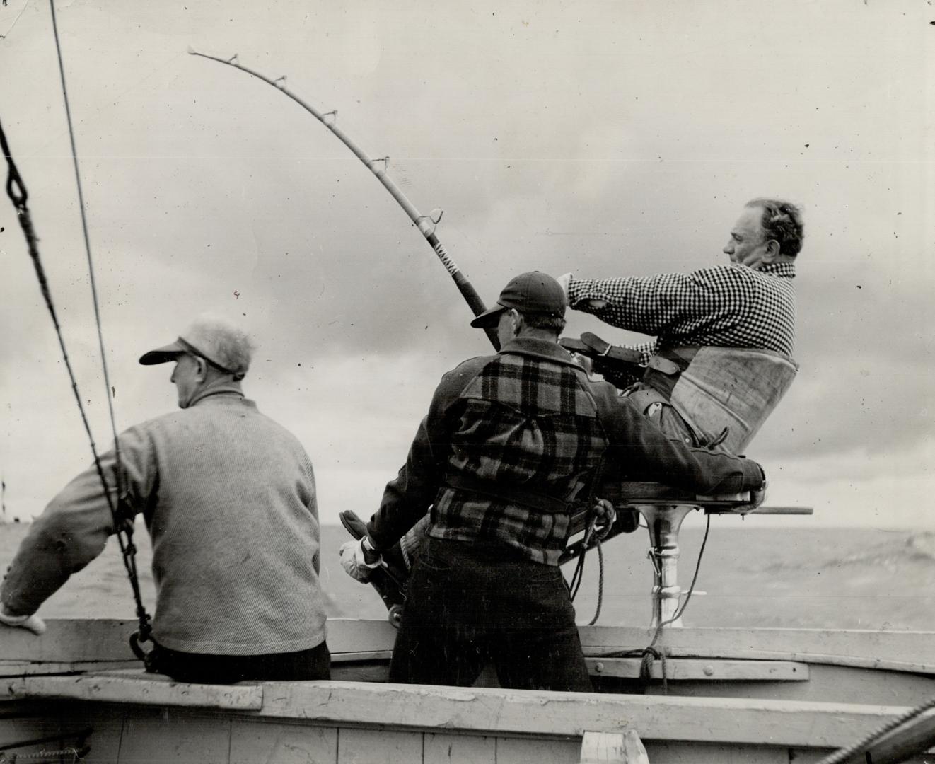 A swordfish weighing 500 pounds is at the end of that line and Michael Lerner on the swivel seat has a fight on his hands.