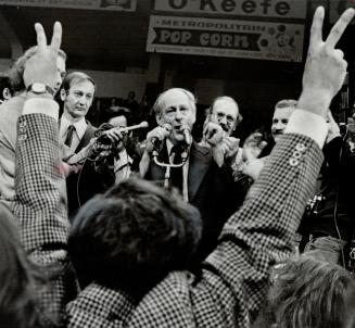 Rene Levesque on the stump in 1973 Election. He's inspired by the Declaration of Independence