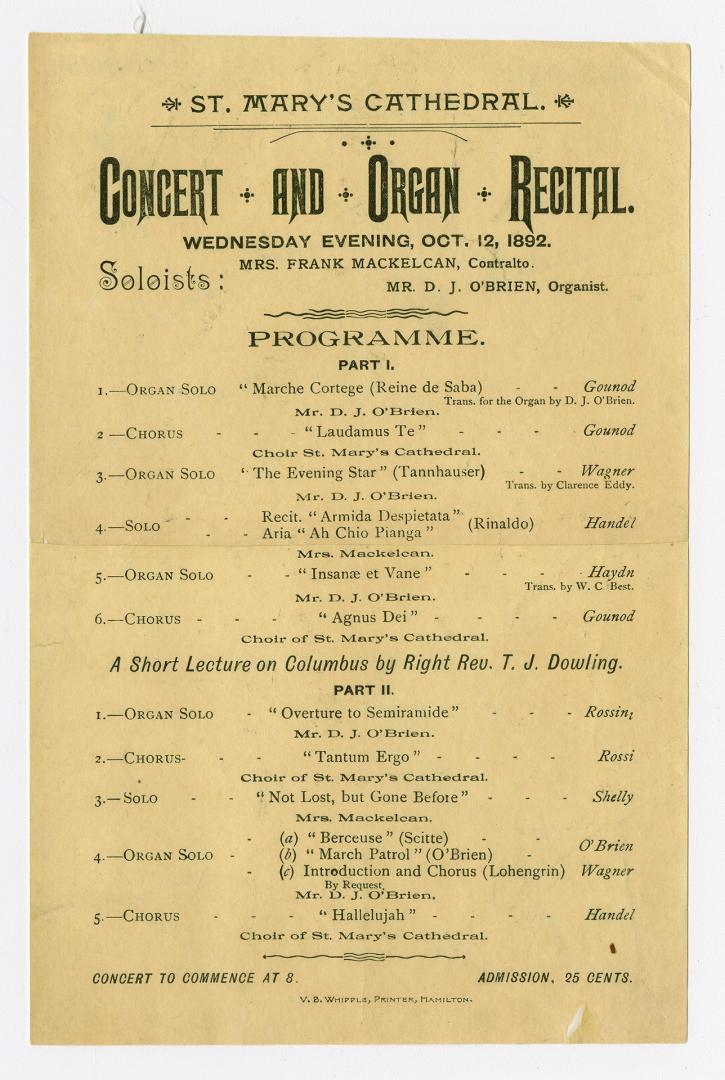 St. Mary's Cathedral : concert and organ recital, Wednesday evening, Oct. 12, 1892