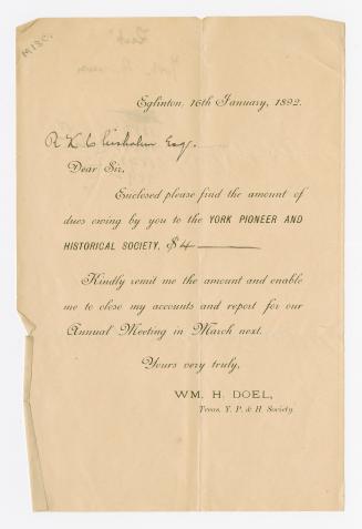 [R.K. Chisholm Esq.], enclosed please find the amount of dues owing by you to the York Pioneer and Historical Society