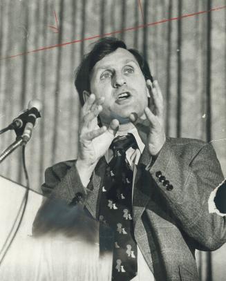 Stephen Lewis, New Democratic Party leader, makes a point yesterday during speech to 200 younger Bay Street capitalists