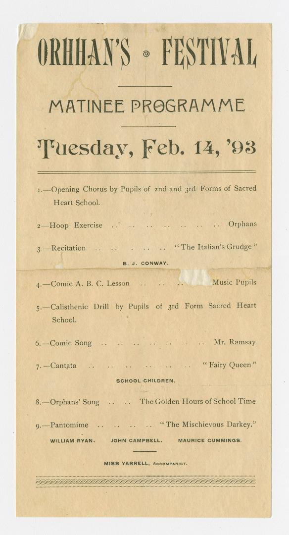 Orhhan's [i.e. Orphan's] festival : matinÃ©e programme, Tuesday, Feb. 14, '93