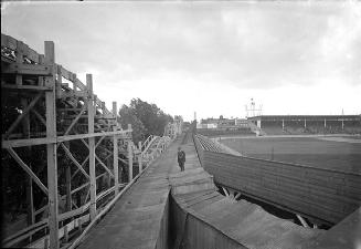 Baseball diamond and roller coaster at Hanlanés Point Amusement Park