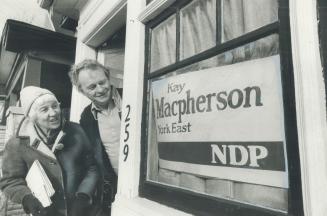 Last hurrah? Kay Macpherson, NDP candidate in York East, talks to Bill Gorelle of Coleridge Ave