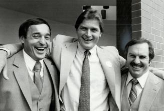 Like old times: Three former Team Canada members, (1 to r) Frank Mahovlich, Peter Mahovlich and Ron Ellis, joined for a few laughs yesterday at 10th anniversary of the team's 1972 hockey triumph over the Soviet Union