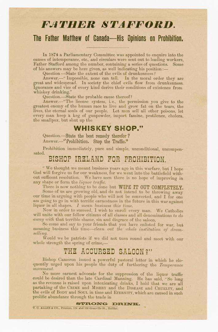 Father Stafford : the Father Matthew of Canada - his opinions on prohibition