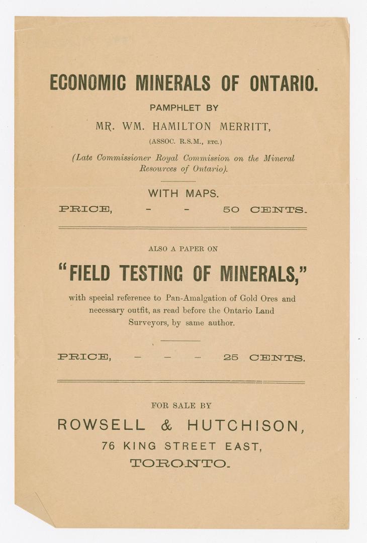 Economic minerals of Ontario : pamphlet by Mr. Wm. Hamilton Merritt, (Assoc. R.S.M., etc.)