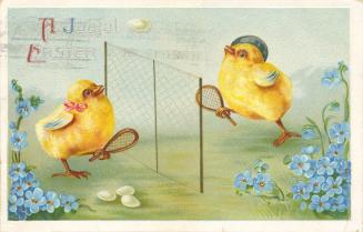 Vintage illustration of two baby birds playing lawn sport with text reading a joyful easter