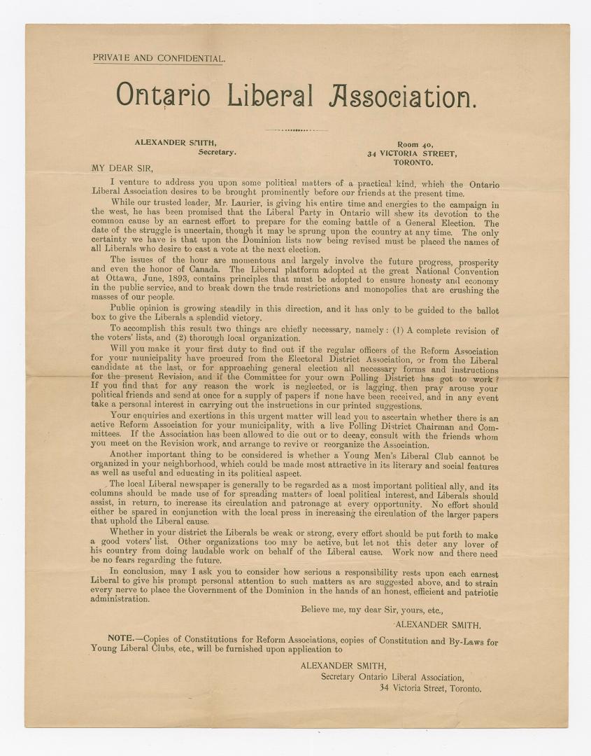 Private and confidential. Ontario Liberal Association.