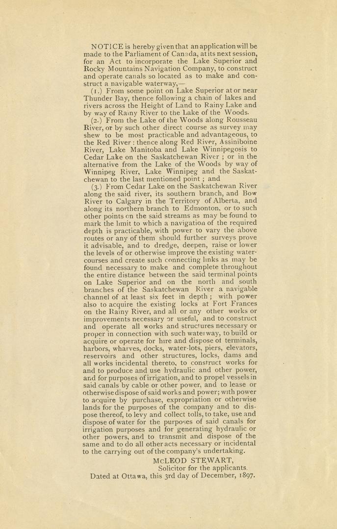 Notice is hereby given that an application will be made to the Parliament of Canada, at its next session, for an act to incorporate the Lake Superior and Rocky Mountains Navigation Company ...