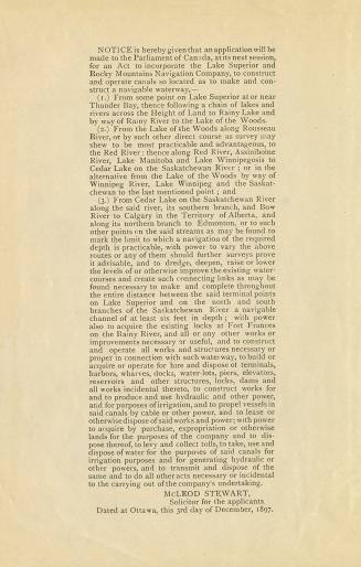 Notice is hereby given that an application will be made to the Parliament of Canada, at its next session, for an act to incorporate the Lake Superior and Rocky Mountains Navigation Company ...