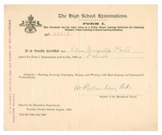 It is hereby certified that [Edna Margretta Porte] passed the form I. examination, held in July, 1898 at [Forest]