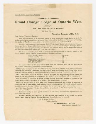 Grand Orange Lodge of Ontario West ... I am instructed by the R.W. the Grand Master to advise you that the annual meeting of the R.W. the provincial Grand Orange Lodge of Ontario West will be held in the town of Palmerston