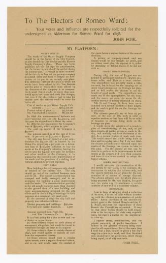 To the electors of Romeo ward : your votes and influence are respectfully solicited for the undersigned as alderman for Romeo ward for 1898