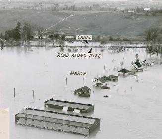 Airview of area during disastrous Hurricane Hazel flood with dyke, canal and road illustrated