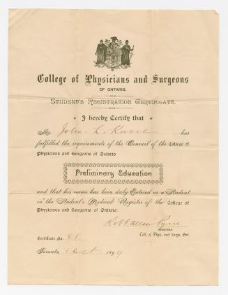 College of Physicians and Surgeons of Ontario. Student's registration certificate.