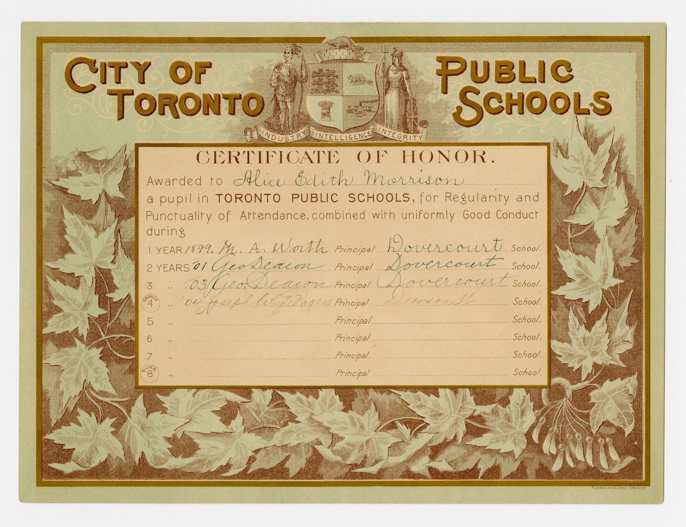 City of Toronto Public Schools Certificate of Honor