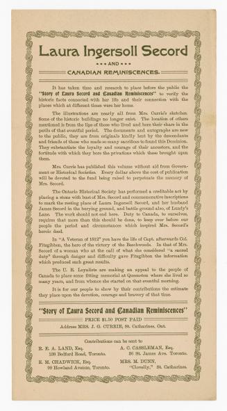 [Prospectus] Laura Ingersoll Secord and Canadian reminiscences