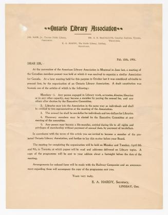 [Letter] Ontario Library Association : at the convention of the American Library Association in Montreal in June last, a meeting of the Canadian members present was held at which it was resolved to organize a similar association for Canada