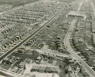 Image shows an aerial view of the Leaside area with a few major roads and numerous houses.