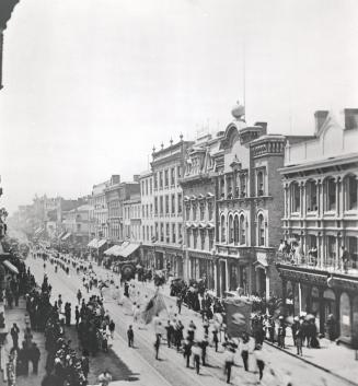 Orange Parade, circa 1870, King Street East, looking west from east
