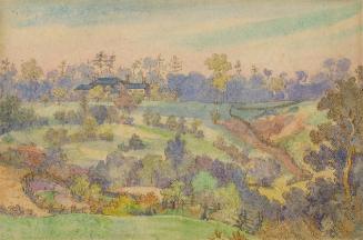 Painting shows a park with a house in the background.