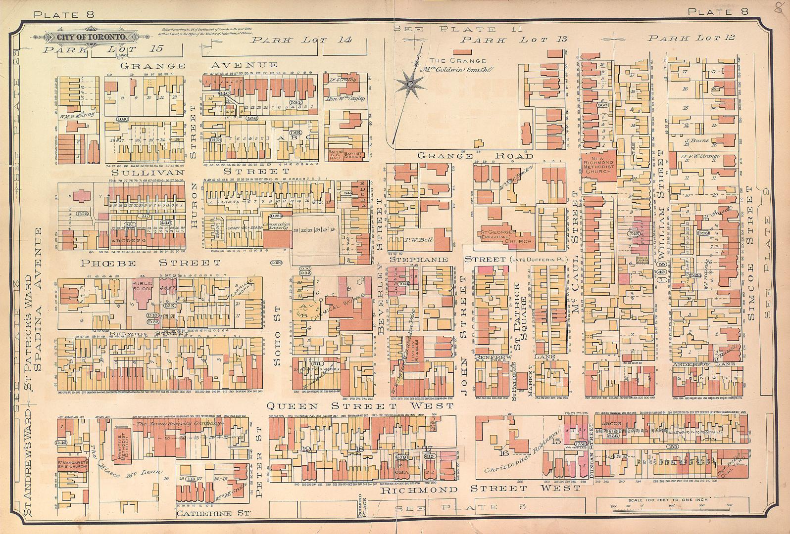 Atlas of the city of Toronto and vicinity from special survey founded on registered plans and showing all building and lot numbers.