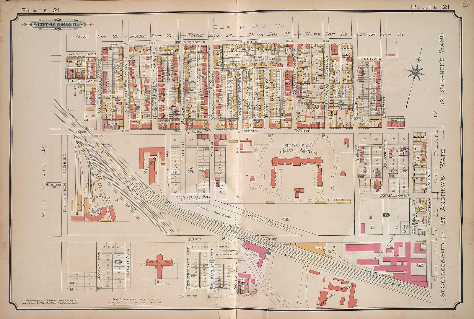 Atlas of the city of Toronto and vicinity from special survey founded on registered plans and showing all building and lot numbers.