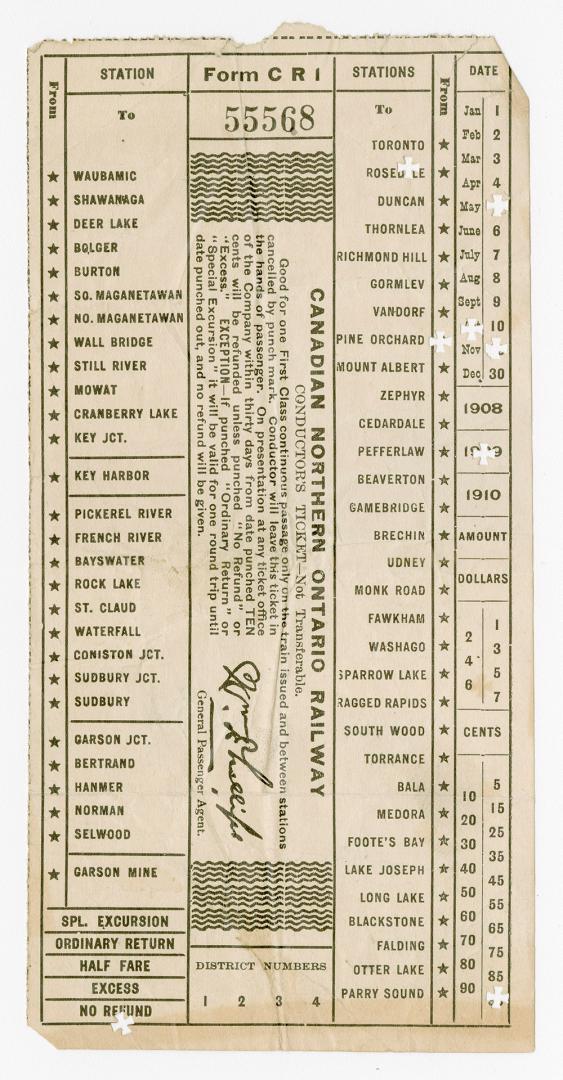 Canadian Northern Ontario Railway conductor's ticket