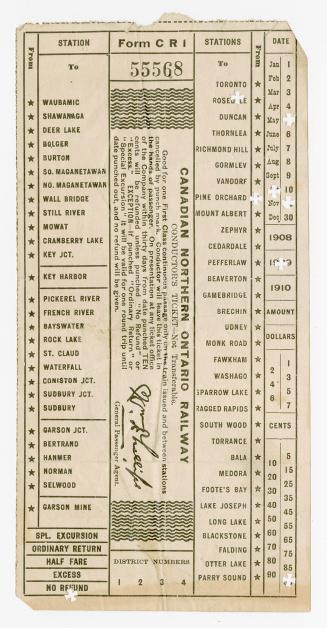 Canadian Northern Ontario Railway conductor's ticket