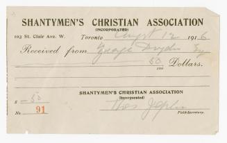 Image shows a receipt from Shantymen's Christian Association (Incorporated).
