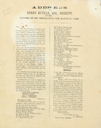 Address to Henry Ruttan, Esq., Sheriff, on the success of his ventilation for railway cars. With reply