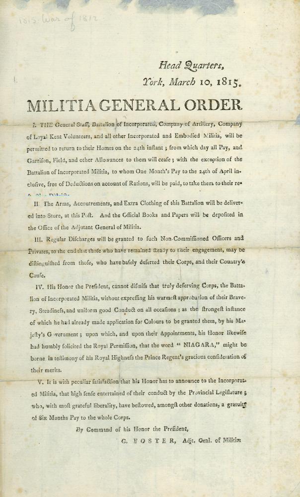 Head Quarters. York, March 10, 1815. Militia General Order