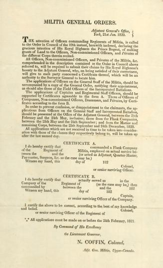 Militia General Orders. Adjutant General's Office York 21st Jan. 1820. The attention of Officers commanding Regiments of Militia, ...