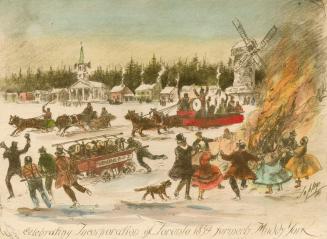 Painting of outdoor bonfire with celebrating people alongside vintage fire engines
