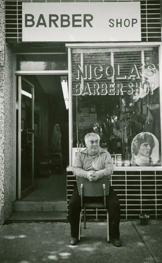 Nicola's Barber Shop, Shaw Street, west side, south of Yarmouth Road, Toronto, Ontario.