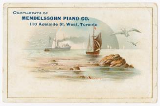 Scene of sailboats on the water by a rocky shore; seagulls are flying around and an image of a  ...