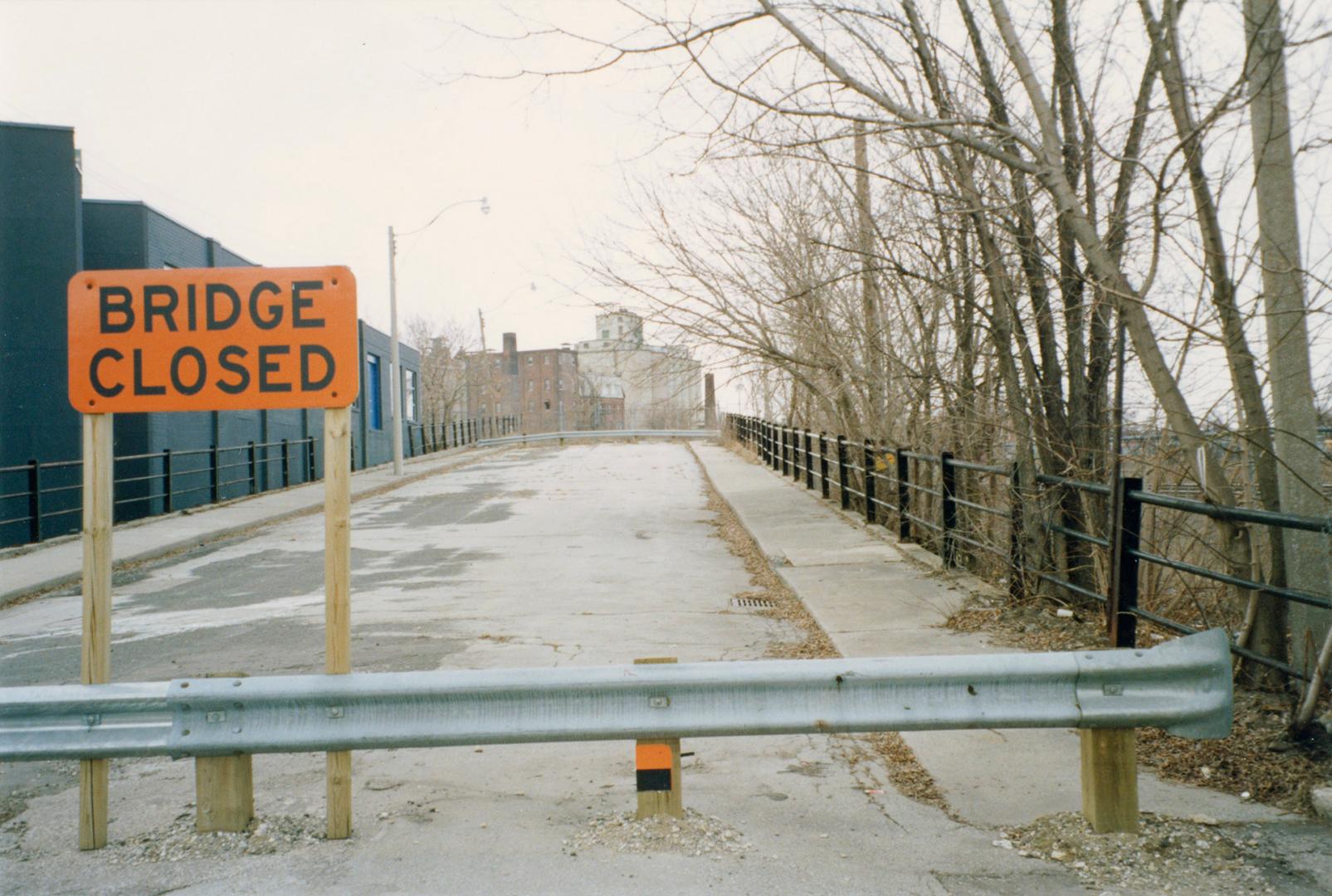 Weston Road Bridge, looking northwest from Hook Avenue to the old Campell Flour Mill, south of Junction Road, east of Cawthra Street.