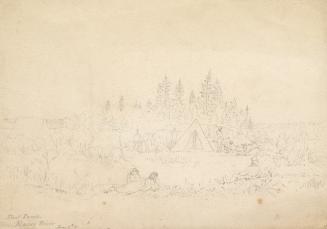 A very faded drawing of an encampment, with two tents and a number of people resting or working ...