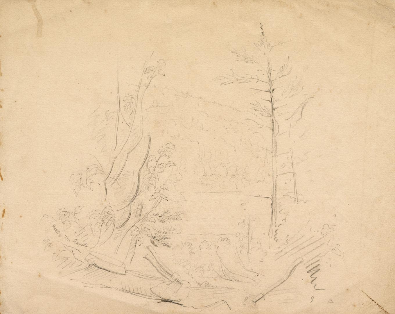 A very faded drawing of a lake, with a mountain in the background and trees in the foreground.
