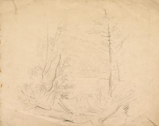 A very faded drawing of a lake, with a mountain in the background and trees in the foreground.
